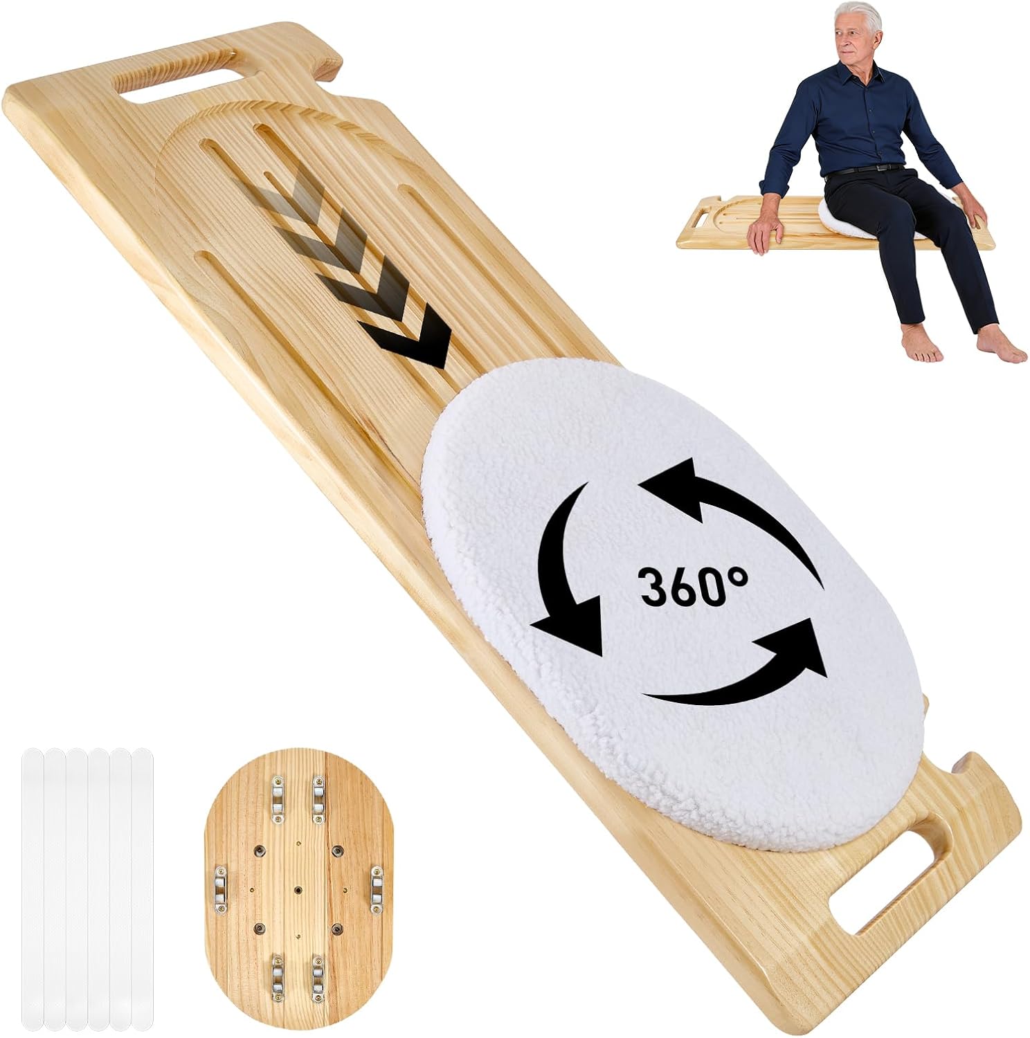 NEDVI Wooden Slide Transfer Board with Track Pulley Turntable – 500lb Weight Capacity for Seniors, Handicap, and Patient Wheelchair Transfers to Car,Bed,Toilet, Tub – Move Assist（31x11x1”)